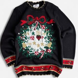 Vintage Cape Cod Sportswear Black Knit Christmas Wreath Holiday Sweater Small